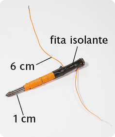 Fotografia. Um prego com fita isolante enrolada na parte superior. Abaixo da fita isolante, há um fio de cobre enrolado. Nas laterais do prego, entre a fita isolante, há as duas pontas do fio de cobre, cada uma com 6 centímetros de comprimento. A extremidade inferior do prego está com a ponta exposta, com 1 centímetro de comprimento.