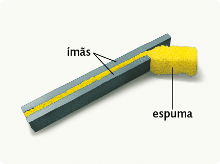 Fotografia. Dois ímãs retangulares dispostos lado a lado, com parte de uma espuma amarela comprimida entre eles.