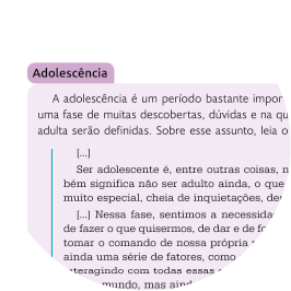 Recorte de uma página do livro com o boxe complementar de título 'Adolescência', composta por textos.