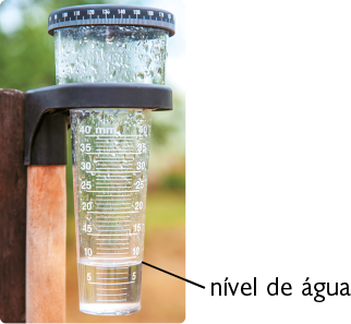 Fotografia. Um recipiente transparente cilíndrico, suspenso em um suporte, com um pouco de água dentro e várias marcações numéricas em sua lateral. Na superfície da água dentro do recipiente há a seguinte indicação: nível de água.