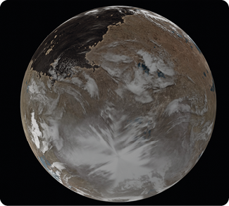 Ilustração. Uma esfera com trechos marrons e manchas esbranquiçadas, com uma pequena região escura na parte superior esquerda.