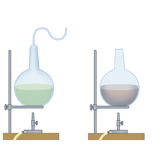 Ilustração. O líquido no interior do recipiente à direita, que teve a cânula removida, mudou de coloração, tornando-se cinza escuro. O líquido do recipiente à esquerda, que permaneceu com a cânula, continua com a mesma coloração verde inicial.
