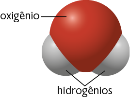 Ilustração. Uma esfera vermelha, com a seguinte indicação: oxigênio. Grudada a ela, duas esferas cinzas com a seguinte indicação: hidrogênios. As esferas cinzas estão levemente separadas uma da outra.