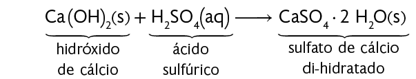 Reação química. C a, abre parênteses, O, H, fecha parênteses com subscrito 2. Abre parênteses, s minúsculo, fecha parênteses. Mais H com subscrito 2, S, O com subscrito 4, abre parênteses, a q minúsculo, fecha parênteses. Seta para direita. C a, S, O com subscrito 4, vezes 2 H com subscrito 2, O, abre parênteses, s minúsculo, fecha parênteses. A primeira fórmula: C a, abre parênteses, O, H, fecha parênteses com subscrito 2, abre parênteses, s minúsculo, fecha parênteses, está indicada como hidróxido de cálcio. A segunda fórmula: H com subscrito 2, S, O com subscrito 4, abre parênteses, a q minúsculo, fecha parênteses, está indicada como ácido sulfúrico. A terceira fórmula: C a, S, O com subscrito 4, vezes 2 H com subscrito 2, O, abre parênteses, s minúsculo, fecha parênteses, está indicada como sulfato de cálcio di-hidratado.