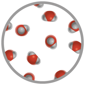 Ilustração. Várias moléculas de água, esferas vermelhas com duas esferas cinzas grudadas. Elas estão dispersas de maneira desordenada e muito afastadas umas das outras. Além disso, elas estão mais embaçadas, indicando movimento.