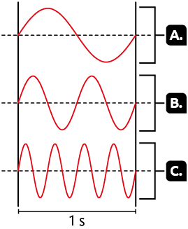 Ilustrações de três cordas com ondulações, na horizontal, uma em baixo da outra. Na parte inferior das ilustrações, na extensão das ondas, há uma linha horizontal indicando o tempo de 1 segundo. Em cada corda há uma linha reta tracejada horizontal, o eixo de propagação da onda, que passa no meio da onda. Todas as ondas iniciam e terminam na linha reta tracejada. Na ilustração indicada com a letra A, há um ciclo formado por uma ondulação na parte de cima e uma ondulação na parte de baixo. Na ilustração indicada com a letra B, há 2 ciclos: uma ondulação na parte de cima seguida de uma ondulação na parte de baixo que se repete duas vezes. Na ilustração indicada com a letra C, há 4 ciclos: uma ondulação na parte de cima seguida de uma ondulação na parte de baixo que se repete 4 vezes.