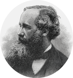 Gravura em preto e branco representando o físico e matemático James Clerk Maxwell. Ele está retratado do peito para cima, com cabelos curtos, barba comprida e olhando para o lado. Ele está vestindo uma camisa clara, gravata e casaco escuros.