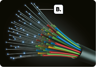 Fotografia. Um cabo preto contendo vários fios coloridos menores em seu interior. Identificados com a letra B, dentro dos fios coloridos, há fios transparentes ainda mais finos, com um ponto luminoso em sua extremidade.