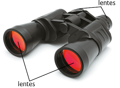 Fotografia de um binóculo. Ele possui ao centro uma base retangular com uma estrutura cilíndrica no meio. Na parte superior, há duas lentes circulares pequenas, e na parte inferior, duas lentes circulares maiores.