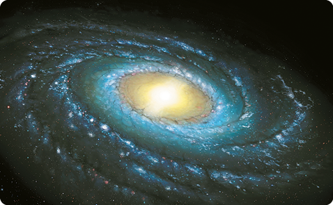 Ilustração da Via Láctea, com uma região circular de brilho intenso no centro, e uma espiral ao redor, com regiões esbranquiçadas e pontos brilhantes. 