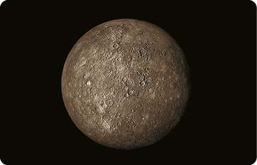 Ilustração de um planeta esférico, de coloração cinza amarronzada, com manchas brancas e superfície com crateras.