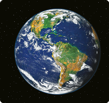 Ilustração de um planeta esférico, de coloração azulada com trechos verdes e amarelados e nuvens brancas por cima.
