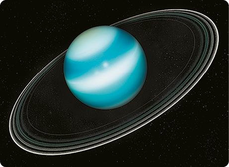 Ilustração de um planeta esférico, de coloração azulada com manchas brancas. Ao redor dele há algumas circunferências claras.