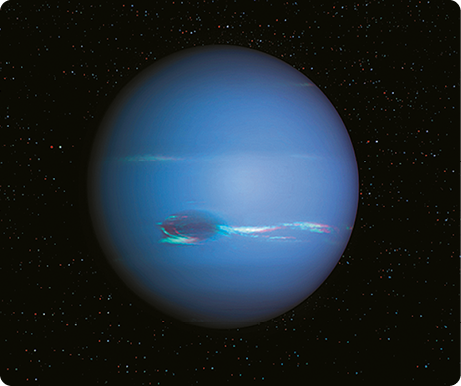 Ilustração de um planeta esférico, de coloração azulada com manchas claras.