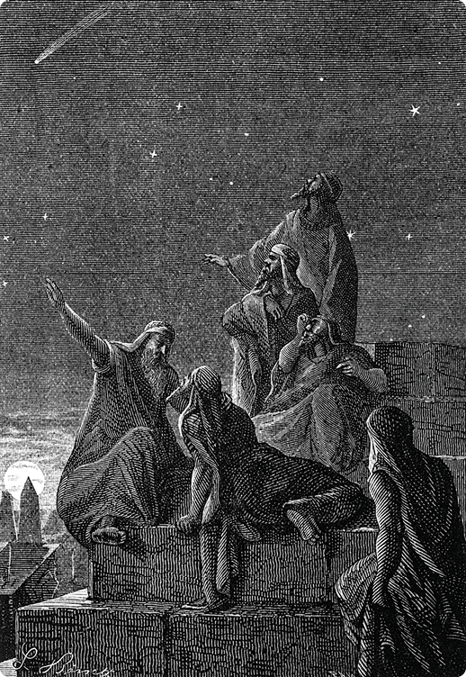 Gravura de pessoas sentadas em degraus, olhando para o céu escuro, com a Lua, um cometa e estrelas. As pessoas estão vestindo túnicas e lenços sobre a cabeça.