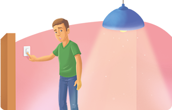 Ilustração de um homem em pé, com a mão sobre um interruptor de luz na parede, olhando em direção a um lustre com a lâmpada acesa.