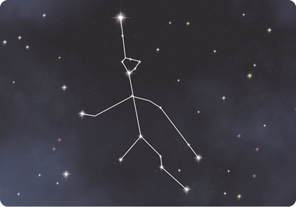Ilustração do céu à noite, com pontos luminosos e linhas entre eles, formando uma figura semelhante a um boneco de palitos.