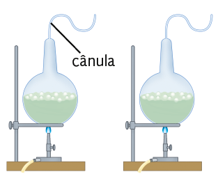 Ilustração. À esquerda, há um recipiente com a base redonda e a parte superior cilíndrica e fina. O recipiente possui uma estrutura de vidro curvo com formato de S acima da região cilíndrica, denominada cânula. Ele está suspenso em um suporte metálico. Abaixo do recipiente, há um objeto cilíndrico vertical com uma válvula e uma mangueira. Da extremidade superior dele sai uma chama que está em contato com a base do recipiente. Dentro do recipiente, há um líquido verde com bolhas na superfície. À direita, há outro recipiente com uma cânula, com a mesma configuração da situação da esquerda.