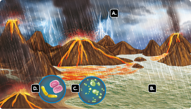 Ilustração. Um ambiente com vários vulcões em erupção, expelindo lava e fumaça preta. Em volta dos vulcões há muita água e do lado esquerdo há uma porção de solo. O céu está coberto por nuvens escuras e raios estão surgindo das nuvens. Está chovendo intensamente. Marcada com a letra A, uma nuvem escura com raios emanando dela. Marcada com a letra B, a região com água. Marcadas com a letra C, em destaque em uma parte da água, encontram-se formas arredondadas pequenas e grandes de cor verde. Marcadas com a letra D, em destaque em uma parte do solo, encontram-se duas formas cilíndricas amarelas unidas e duas formas arredondadas rosas também unidas.