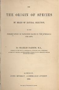 Fotografia da capa de um livro com o título em inglês: the origin of species. Há outros escritos abaixo do título.