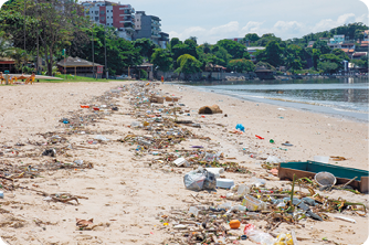 Fotografia de um trecho de praia com lixo espalhado na faixa de areia. À direita está o mar, e ao fundo, vegetação e construções.