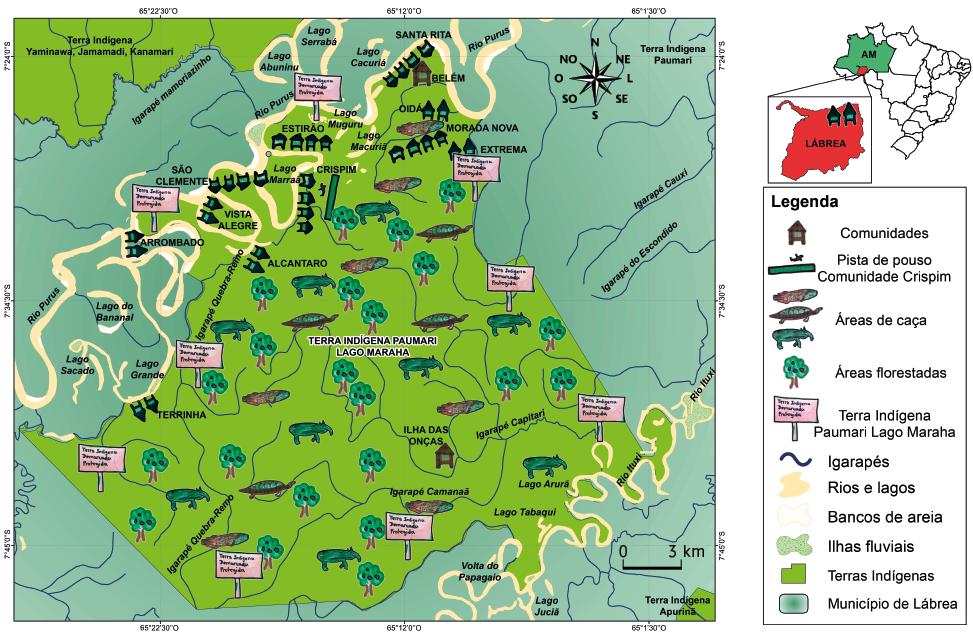 Mapa com destaque para a terra indígena no município de Lábrea. Ao lado há uma legenda com as seguintes indicações: o desenho de uma casa: comunidades; o desenho de uma pista com um avião: pista de pouso comunidade Crispim; o desenho de um peixe, uma tartaruga e um javali: áreas de caça; o desenho de uma árvore: áreas florestadas; o desenho de uma placa com escritos: Terra Indígena Paumari Lago Maraha; o desenho de uma linha curva azul: igarapés; cor amarela: rios e lagos; pontilhados brancos: bancos de areia; pontilhados verdes: ilhas fluviais; coloração verde clara: terras indígenas; coloração verde escura: município de Lábrea. As cores e desenhos indicam maior concentração de comunidades na região norte da terra indígena; uma pista de pouso próxima às comunidades; áreas de caça, áreas florestadas e igarapés espalhados por toda terra indígena; placas indicando a terra indígena Paumari Lago Maraha no entorno da terra indígena; rios e lagos, na região noroeste e sudeste, com bancos de areia naqueles que se encontram na região noroeste; quatro ilhas fluviais cercadas por rios e lagos, uma ao norte, uma à leste e duas à oeste; além da terra indígena Paumari do Lago Maraha, à noroeste está a terra indígena Yaminawa, Jamamadí, Kanamarí, e à sudeste a terra indígena Apurinã. Entre as terras indígenas estão porções do município de Lábrea, com alguns rios, lagos e igarapés. Do lado superior direito, o mapa do Brasil, com destaque para região apresentada. No canto superior direito do mapa, a rosa dos ventos; e no canto inferior direito, a escala com as marcações de zero e 3 quilômetros.