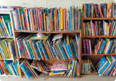 Fotografia de prateleiras com livros organizados na vertical.