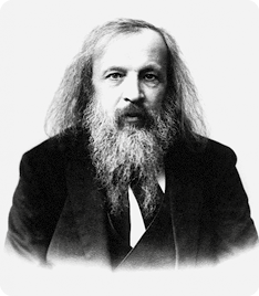 Fotografia em preto e branco do químico Dmitri Ivanovich Mendeleev, da barriga para cima. Ele tem cabelos até os ombros e barba grande. Ele está vestindo um terno escuro.