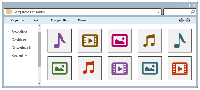Ilustração da janela de uma pasta de arquivos aberta em um computador. Dentro da janela há 10 arquivos, quatro com ícones de música, três com ícones de vídeo e três com ícones de imagem. Eles estão distribuídos de forma aleatória na pasta.