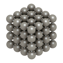 Ilustração. Várias esferas de coloração cinza escura organizadas de forma alinhada, lado a lado e acima umas das outras, formando um cubo.