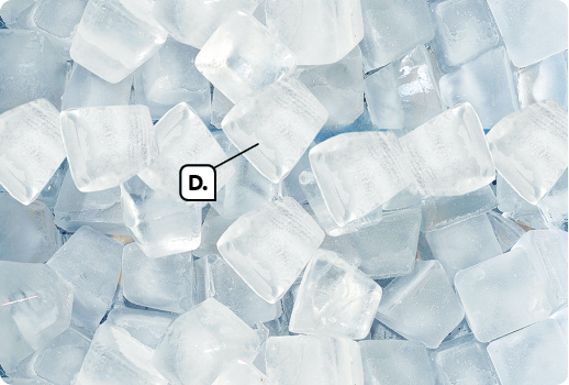 Fotografia. Vários cubos de gelo. Indicado com a letra D, um cubo de gelo.