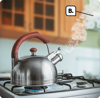 Fotografia. Uma chaleira arredondada, com alça marrom, está sobre a chama de um fogão. Indicado com a letra B, o vapor saindo da chaleira.