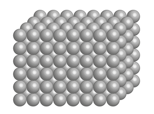 Ilustração. Várias esferas de coloração cinza organizadas de forma alinhada, lado a lado e acima umas das outras, formando um cubo retangular.