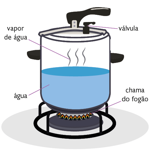 Ilustração. Uma panela de pressão arredondada vista por dentro, sobre a chama do fogão. Dentro dela, há água até a metade e na outra metade, há linhas representando vapor de água. Na tampa da panela, há um cabo e uma válvula com base quadrada e uma haste retangular acoplada à tampa.