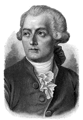 Gravura em preto e branco representando o químico Antoine-Laurent de Lavoisier. Ele está retratado do peito para cima, com cabelos curtos enrolados na ponta. Ele está vestindo uma camisa clara, lenço no pescoço e paletó escuro com botões.