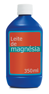 Fotografia. Um frasco plástico cilíndrico de leite de magnésia com a seguinte marcação: 350 mililitros.
