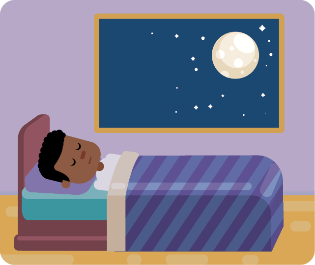 Ilustração de uma pessoa dormindo em uma cama, com um cobertor que chega até o peito. Na parede ao fundo há uma janela grande com uma vista para o céu escuro com a Lua e diversas estrelas.