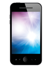 Fotografia de um telefone celular smartphone preto, com botão na parte inferior, e, na tela, uma imagem colorida.