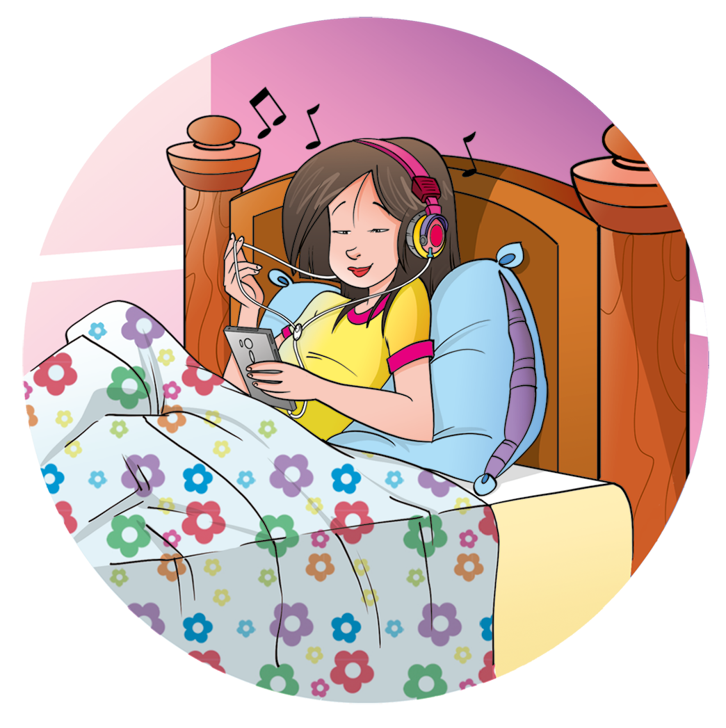 Ilustração. Uma menina de cabelos médios e castanhos deitada, com fones de ouvido, segurando um celular. Ela está de olhos fechados e com as pernas cobertas.