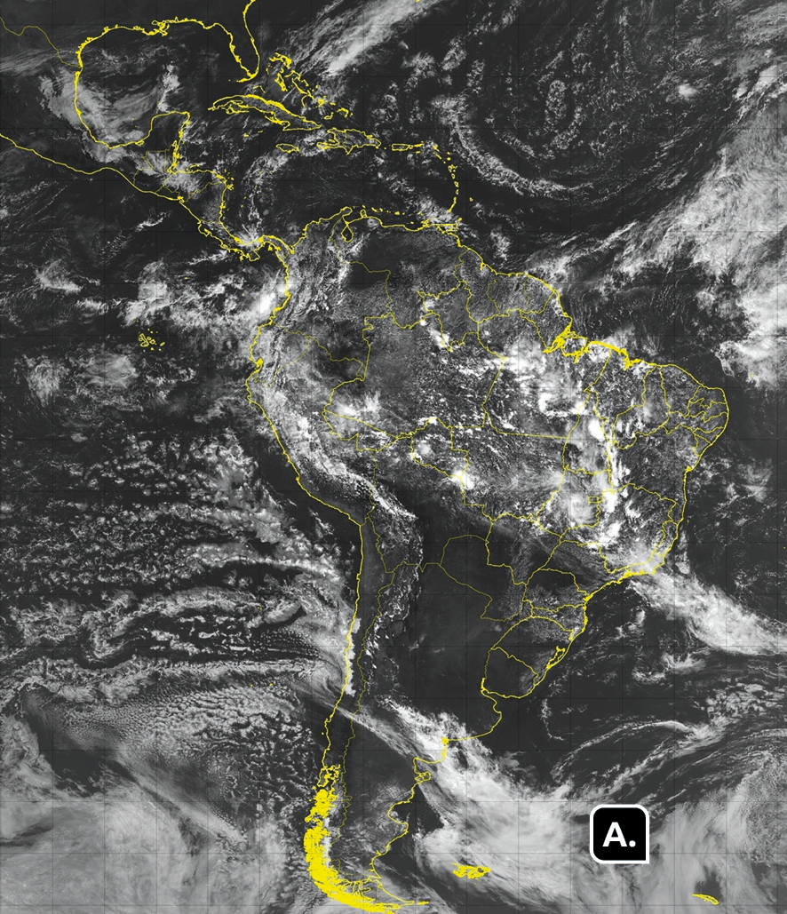 Fotografia. Imagem de satélite em preto e branco. Destaque para a América do Sul com nuvens no sul e sudeste, indicado pela letra A.
