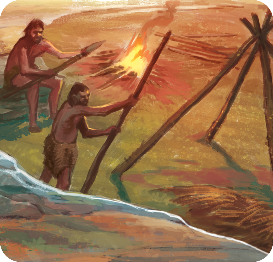 Pintura. Duas pessoas erguendo lanças. Elas estão sentados ao redor de uma fogueira. Ao lado delas há estacas com as pontas unidas.