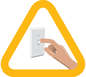 Ilustração. Destaque para uma pessoa desligando um interruptor em uma moldura triangular.