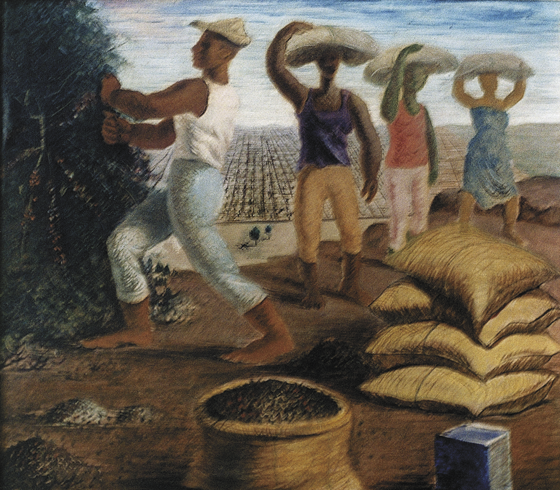 Pintura. À esquerda, um homem de calça, regata e chapéu, colhendo café. À direita, três homens carregando sacos em suas cabeças. Em frente a eles há mais sacos empilhados. Um deles está aberto com os grãos expostos.