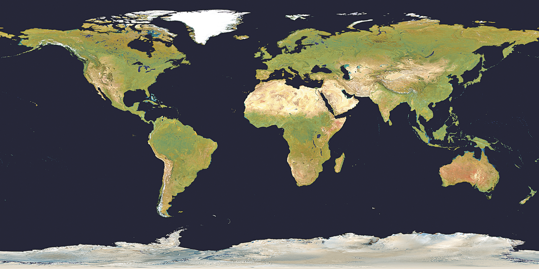 Imagem de satélite. Planisfério mostrando todos os continentes atuais em tons de verde e bege.
