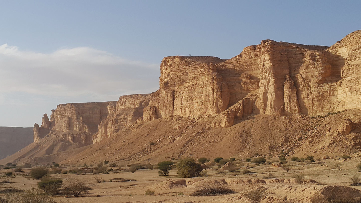 Fotografia. Deserto com pequenos arbustos secos espalhados. Ao fundo, formações rochosas com topo plano.