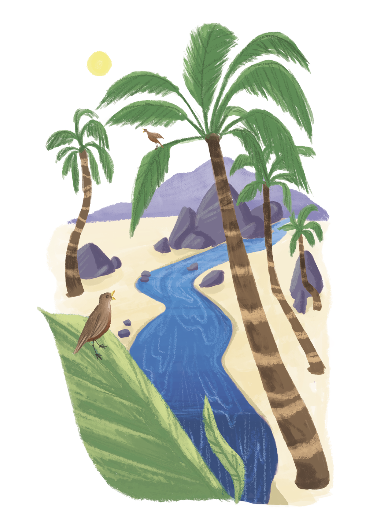 Ilustração. O curso de um rio com rochas e palmeiras nas laterais. Há pássaros em algumas das folhas e ao fundo, o Sol.