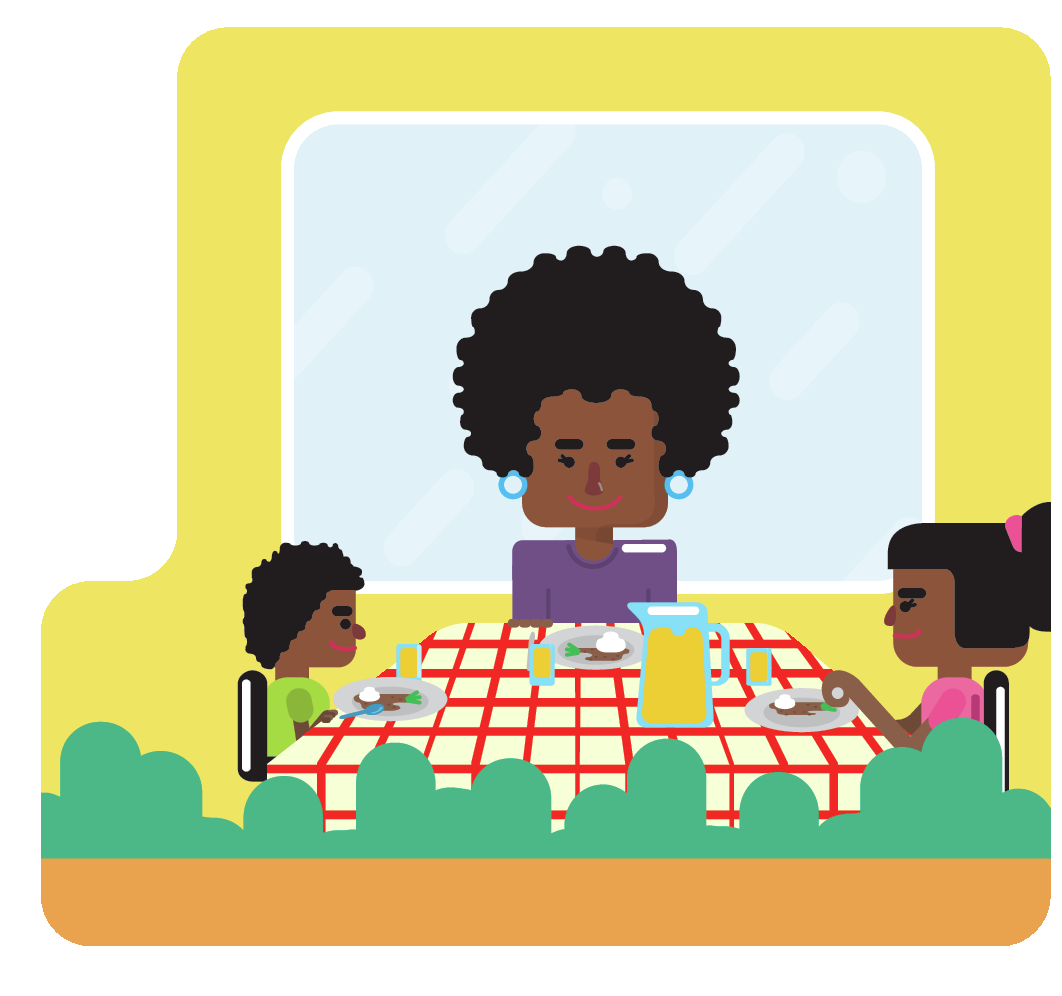 Ilustração. Uma mulher sentada à mesa com duas crianças. Há pratos e uma jarra de suco sobre a mesa. Ao fundo, há uma janela.