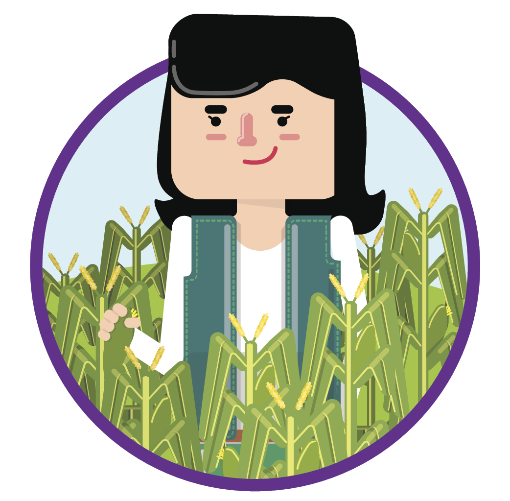 Ilustração. Uma mulher de cabelos escuros e colete em meio a uma plantação.
