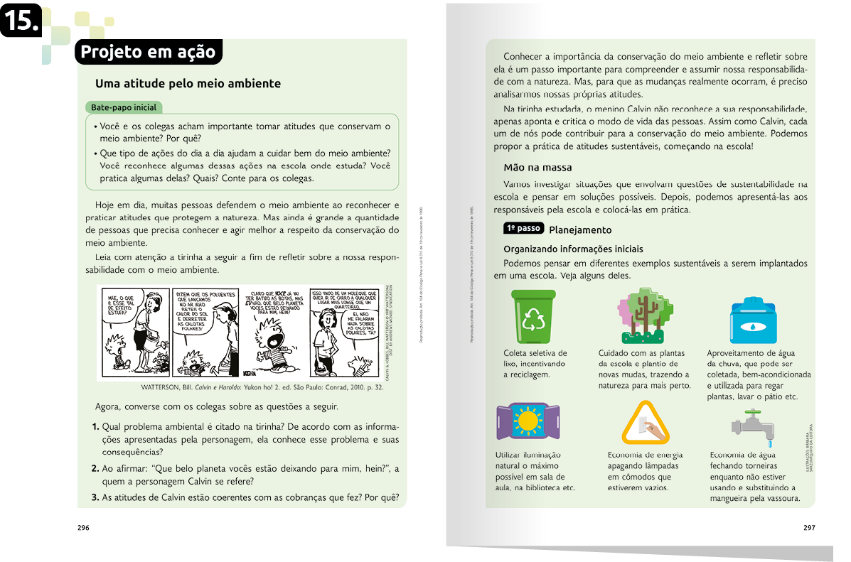 Página de referência 15 da seção Projeto em ação contendo texto, charge e ilustrações.
