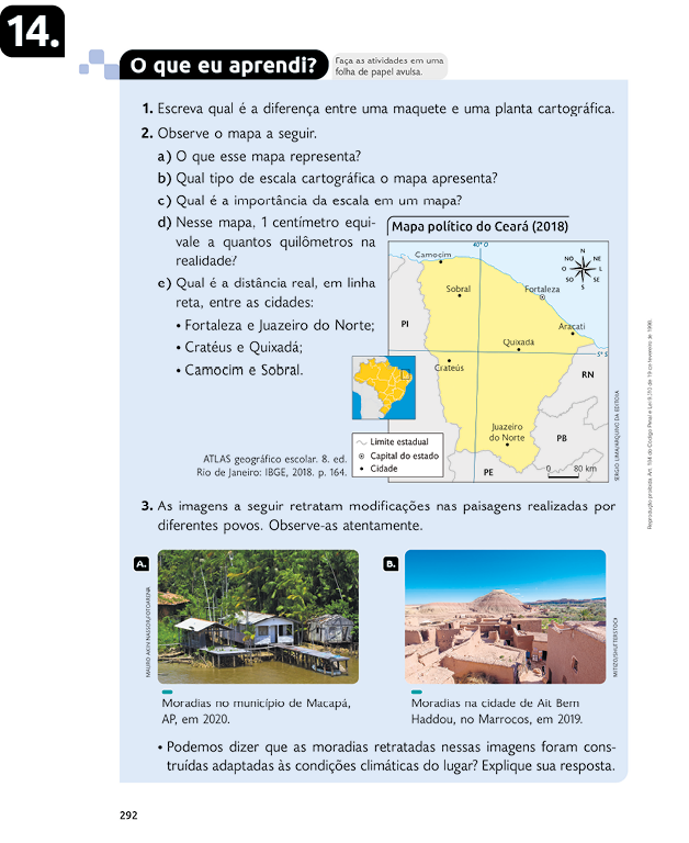 Página de referência 14 da seção O que eu aprendi? com atividades, mapa e duas fotos.